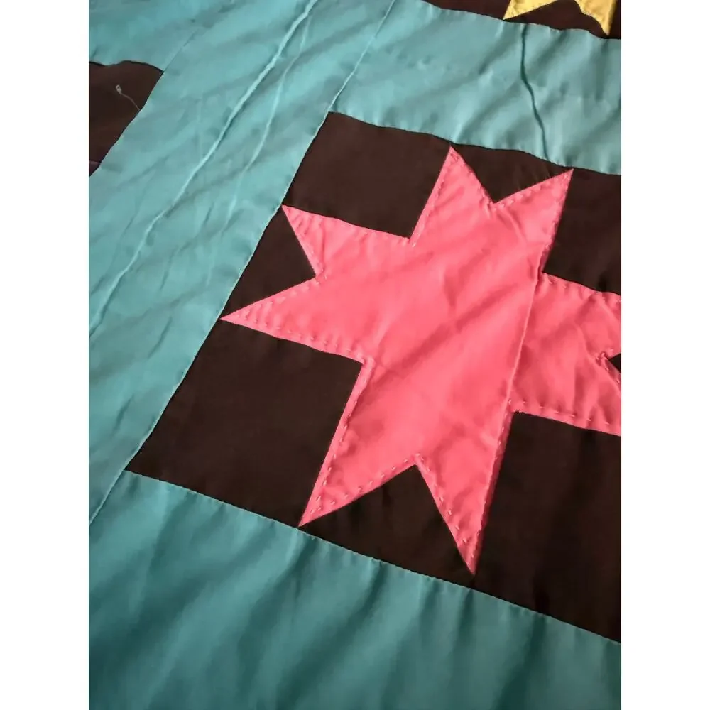 Vintage Handmade Patchwork Quilt King Size Hand Sewn Colorful Star Geometric